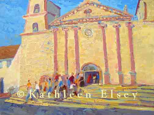 Elsey Santa Barbara Paintings Workshops Acrylic Paintings Mission paintings  Mission Morning Mass Santa Barbara