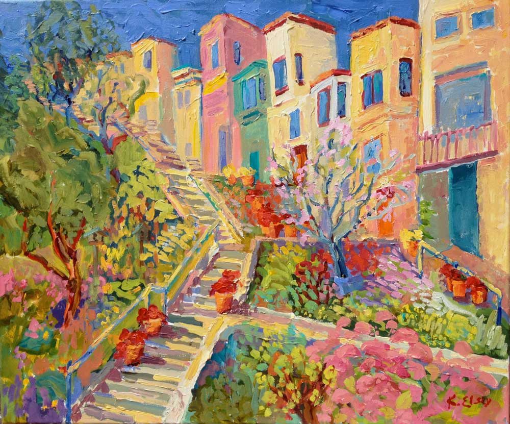 Kathleen Elsey Plein Air Painting Steps of Telegraph Hill