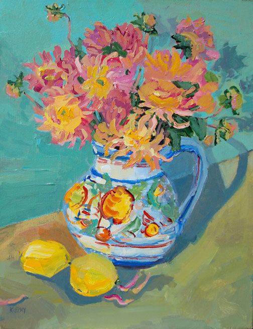 Kathleen Elsey paintings Santa Barbara painting workshops Santa Barbara artist Dahlias in Italian Vase