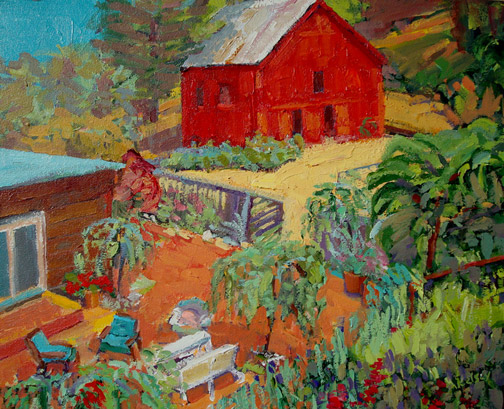 The Patio with Red Barn, Escalle