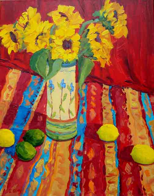 Sunflowers on striped cloth