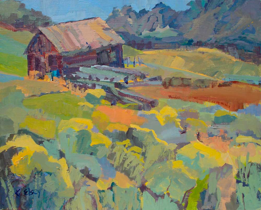 Kathleen Elsey Old Barn painting, plein air workshop Wooley's Cabin